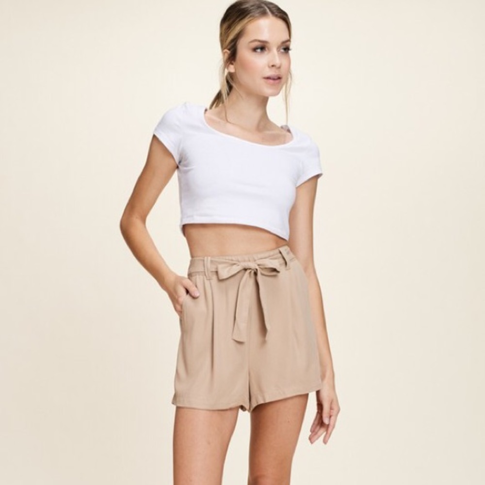 New! Taupe Elastic Waist Solid Shorts